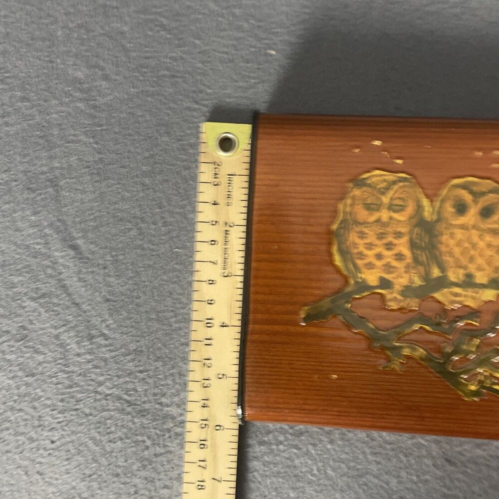 Vintage Wood Box Owl Illustrated Decoupage w/ Yellow White Interior - Picture 12 of 12